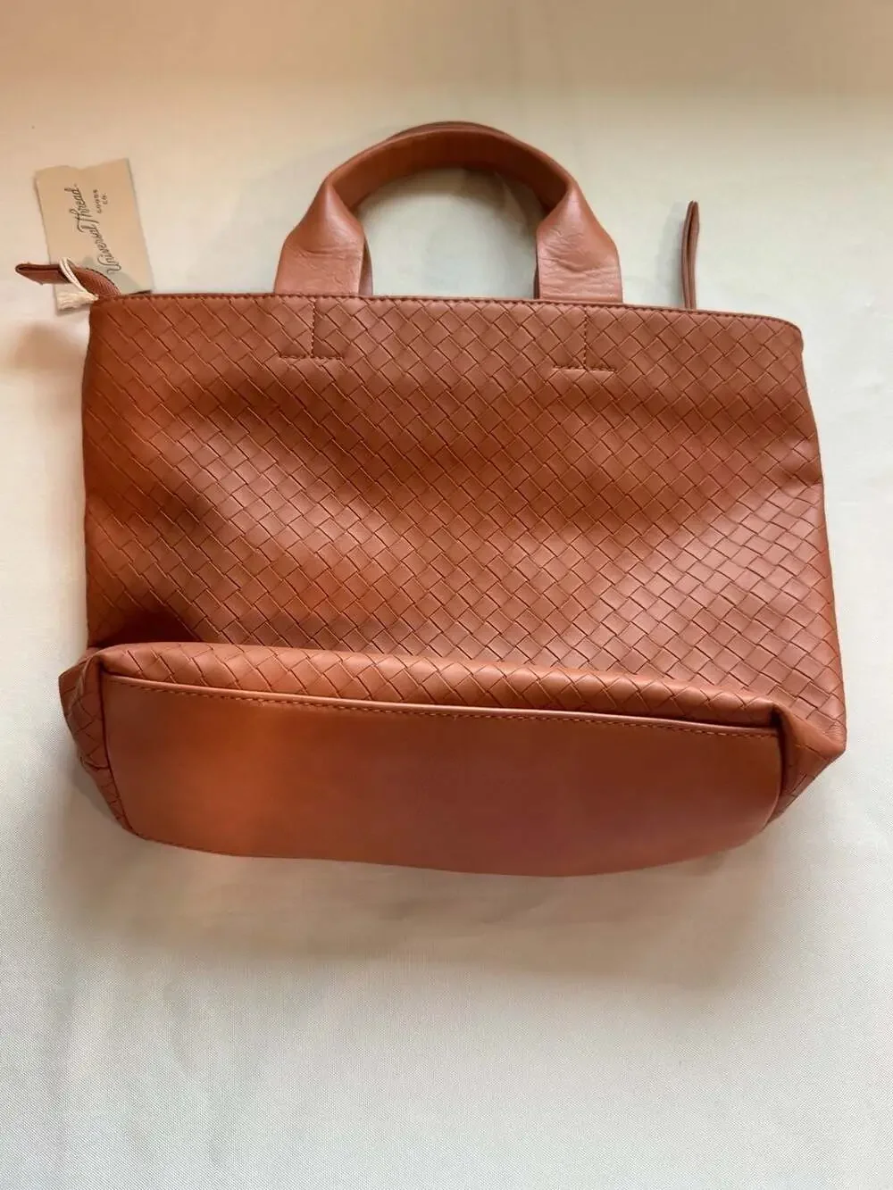 Woven Faux Leather Convertible Tote Satchel Crossbody Cognac Brown NWT